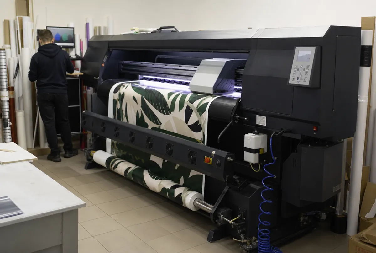 Impresora de bobina imprimiendo vinilo adhesivo con hojas verdes