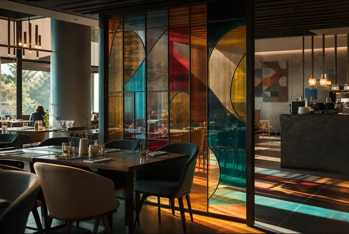 Mampara de restaurante de hotel con vinilo transparente de colores efecto vidriera