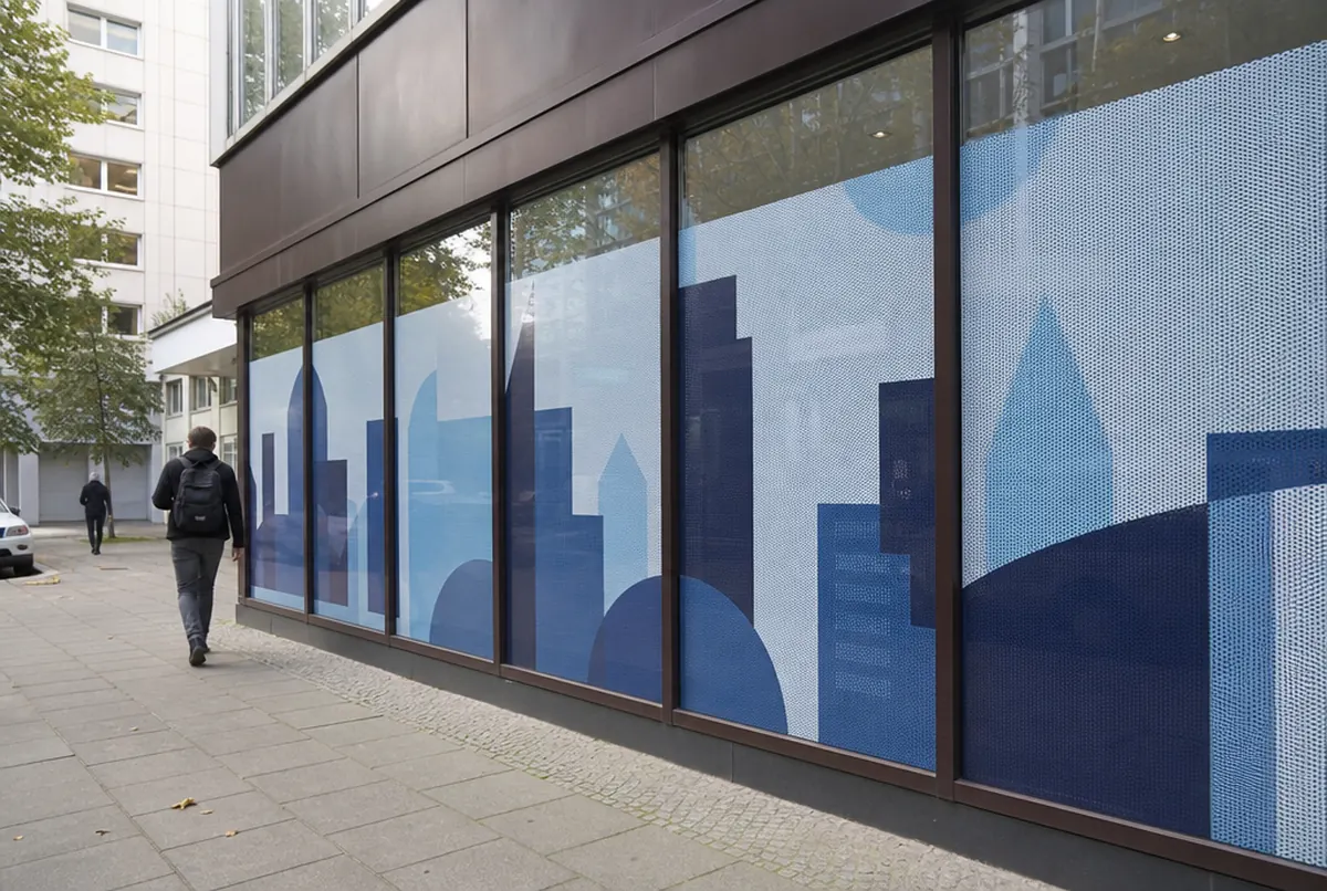 Ventanas de una oficina en planta baja con vinilo One Way Vision azul marino