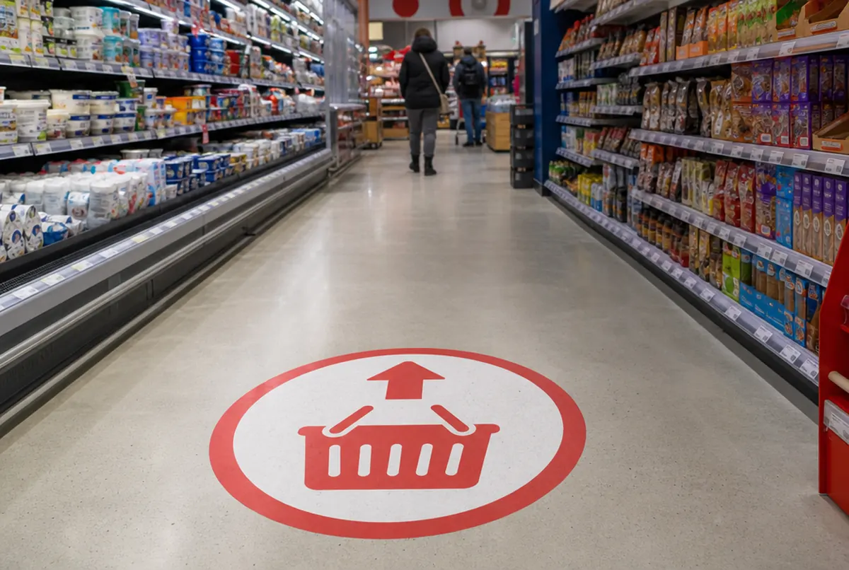 Pegatina de suelo redonda con flecha y cesta en un pasillo de supermercado