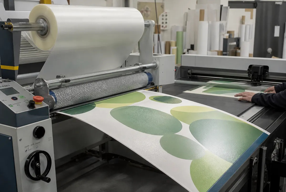 Laminadora aplicando laminado antideslizante a un vinilo de suelo