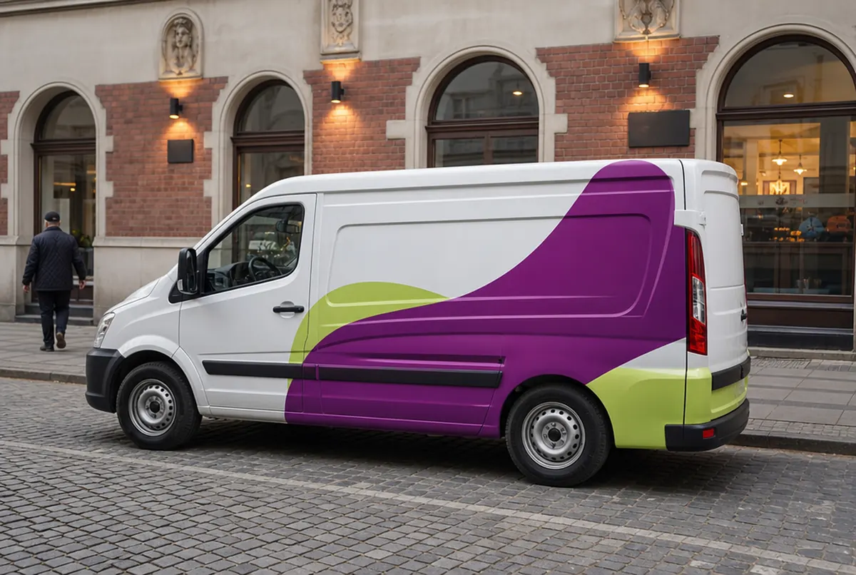 Weißer Transporter mit pflaume-limettenfarbener Gussfolie entlang der Sicken