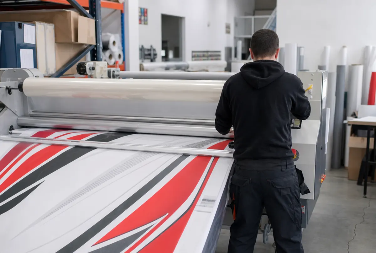 Laminator kaschiert bedruckte Gussfolie für eine Fahrzeugbeklebung