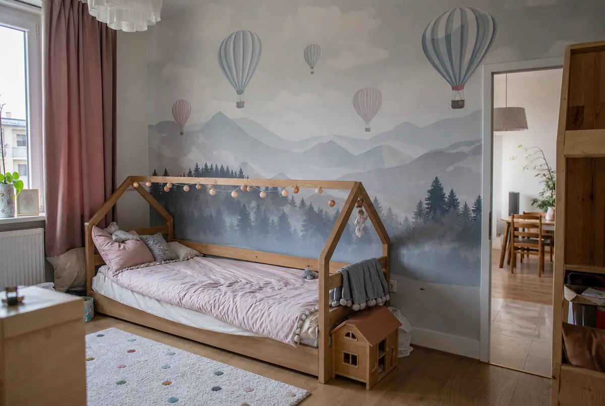 Fototapete mit Berglandschaft und Ballons an der Wand eines Kinderzimmers