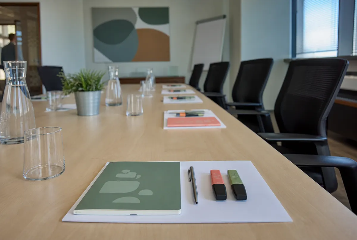 Libretas y bolígrafos con logo preparados en la mesa de una sala de reuniones