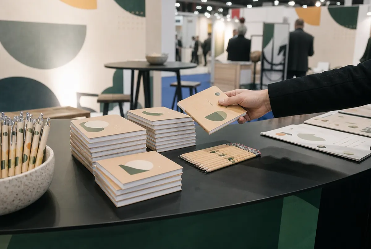 Bolígrafos, libretas y lápices con logo como obsequio en un stand