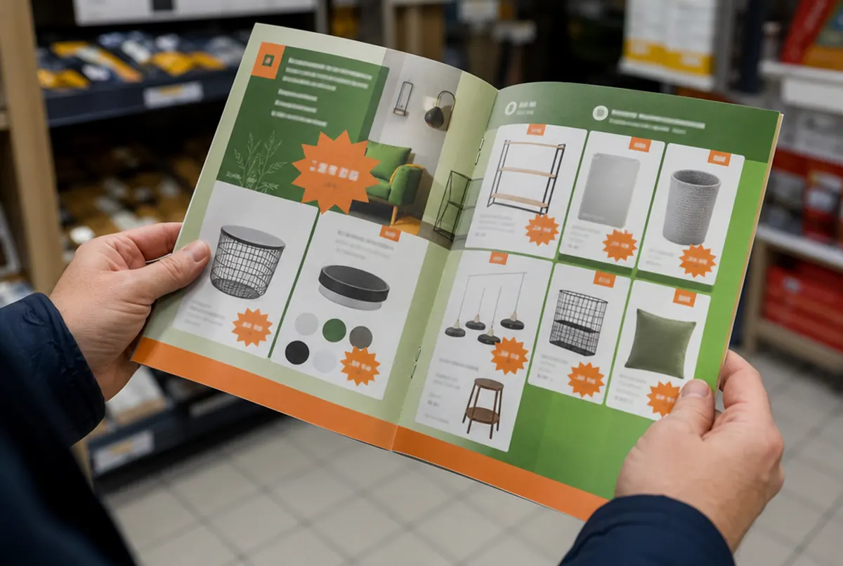 Gros plan d'un prospectus agrafé sur papier couché léger avec grille produits