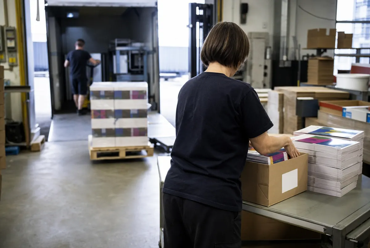 Mise en cartons des prospectus étiquetés par magasin avant l'envoi