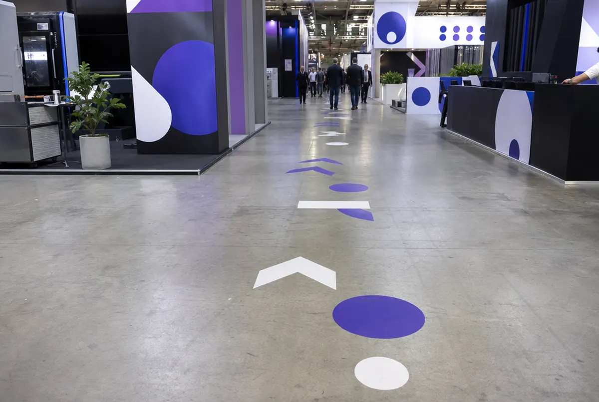 Path of violet arrows and circles on the floor leading to a trade fair stand