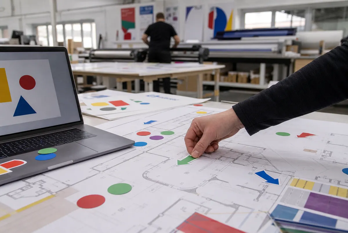 Planning floor graphic placement on a printed store floor plan on the table