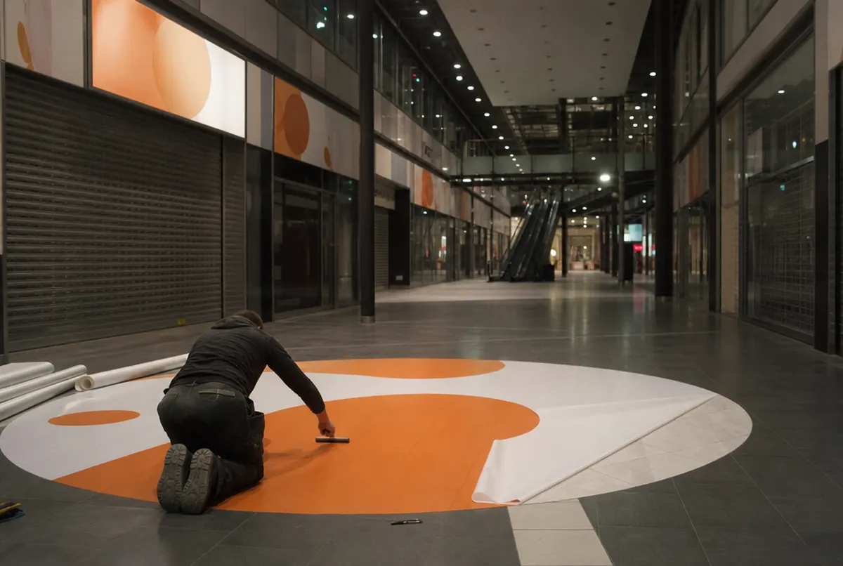 Installer applying a large round floor graphic in an empty shopping mall at night