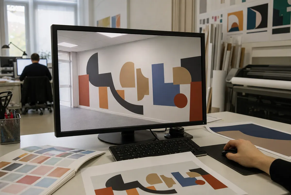 Projet de visuel mural simulé sur la photo du mur à l'écran du graphiste
