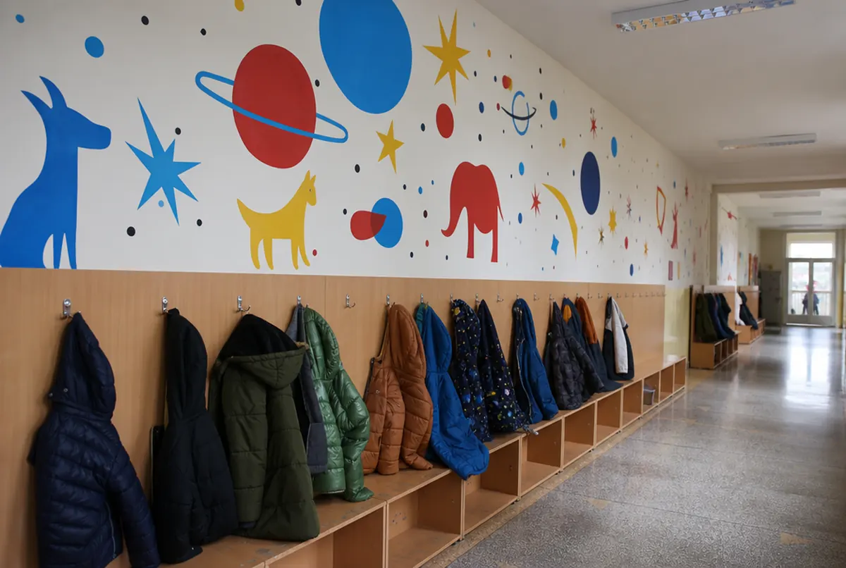 Visuel mural coloré avec planètes et animaux dans un couloir d'école