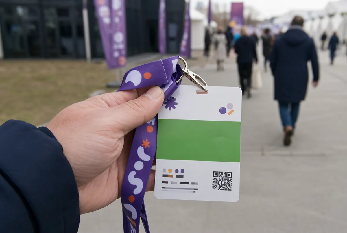 Close-up of an accreditation card with a zone field and code on a printed lanyard