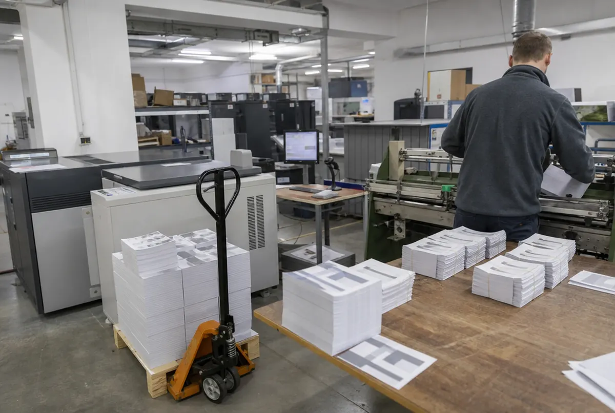 Schwarzweißdruck von Anleitungen und Falzen in der Digitaldruckerei
