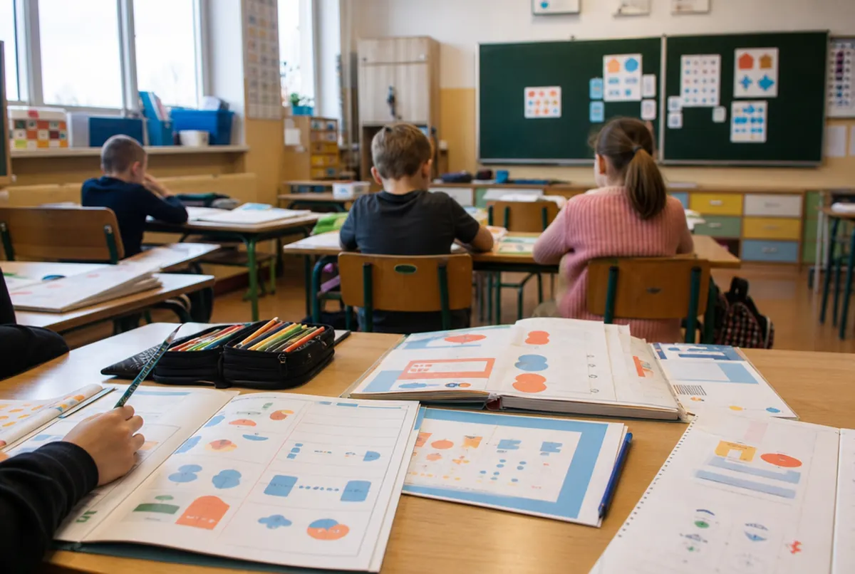 Bunte Arbeitsblätter und Übungshefte auf den Tischen einer Grundschulklasse
