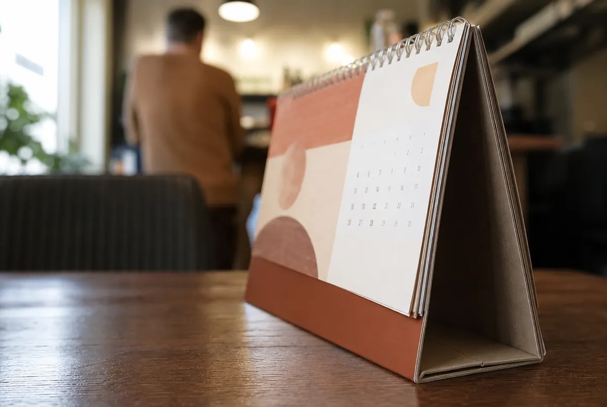 Gros plan du support carton rainé et de la reliure du calendrier