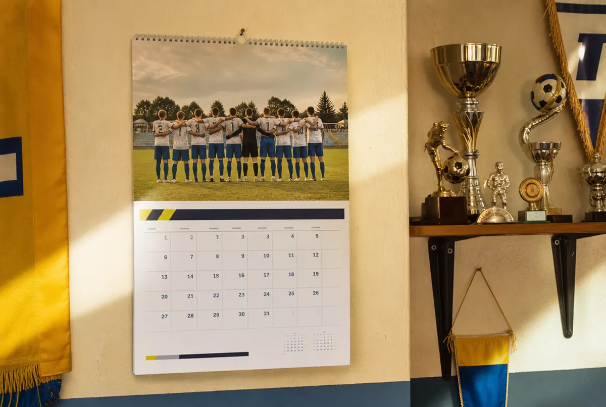 Wandkalender eines Sportvereins mit Mannschaftsfoto neben Pokalen
