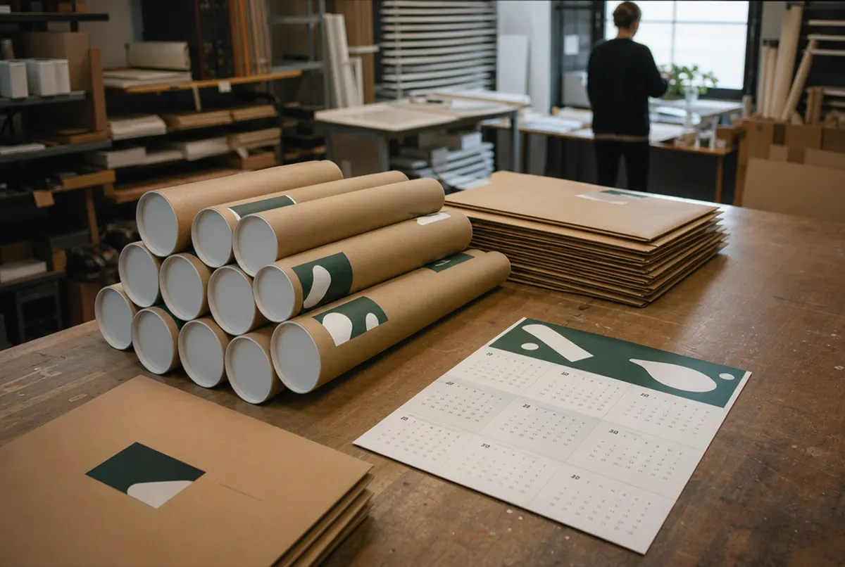 Dreimonatskalender für den Versand an Kunden verpackt, auf einem Tisch