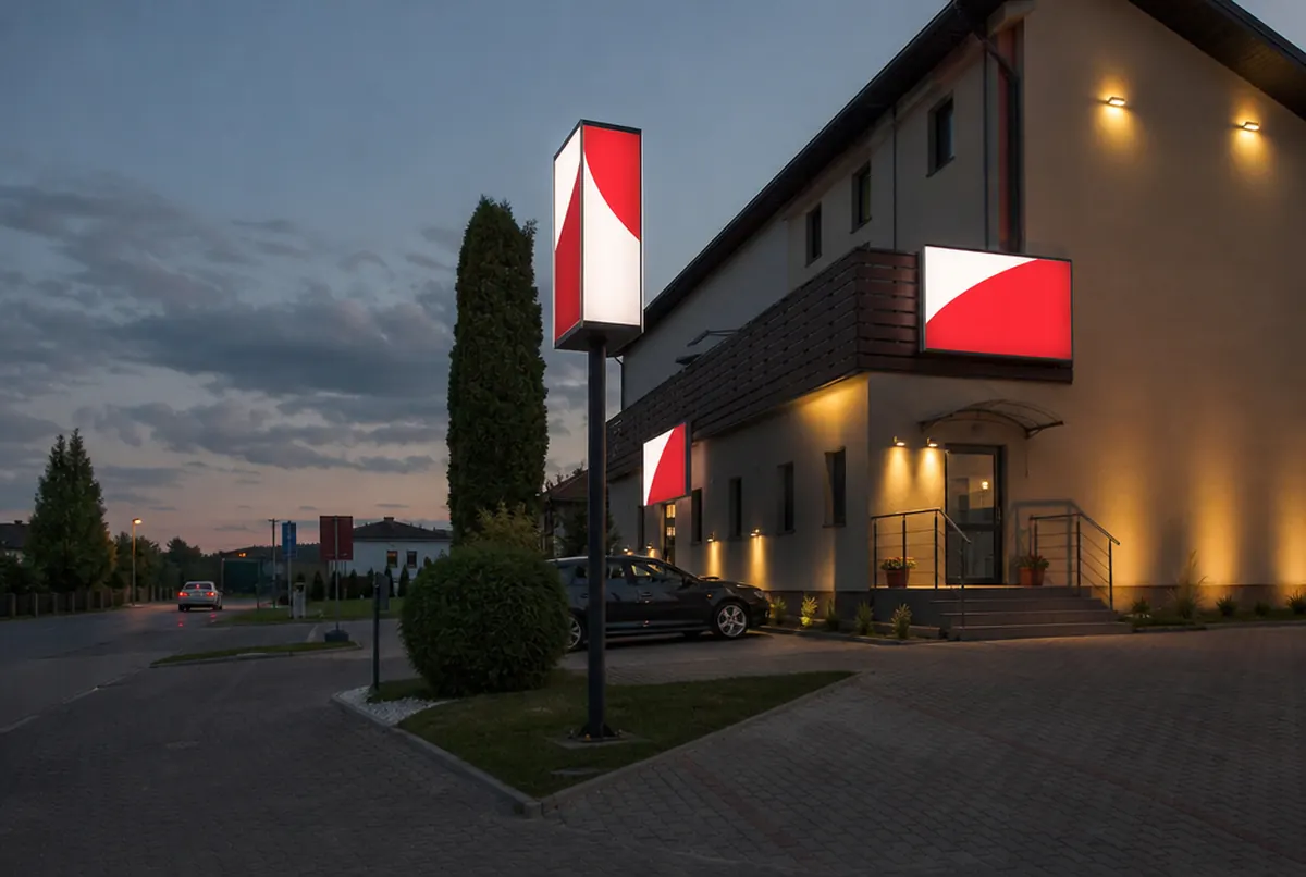 Double-sided LED lightbox on a steel pole at a hotel car park entrance at dusk