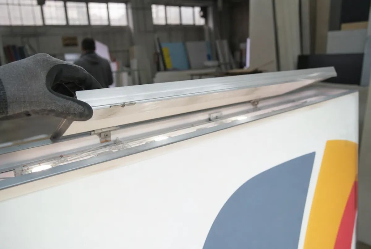 Open service panel of a double-sided lightbox: LEDs lighting both faces from inside
