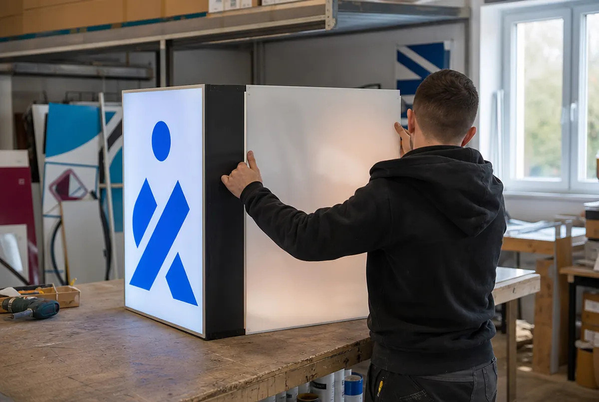 Worker fitting the second acrylic face into a double-sided lightbox in the workshop