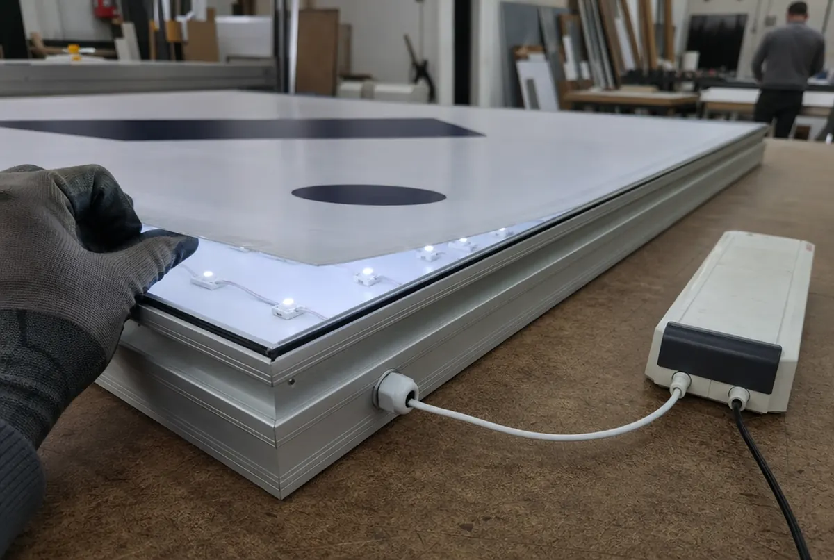Blick in einen Leuchtkasten: Aluprofil, opales Acrylglas und LED-Module auf der Rückwand
