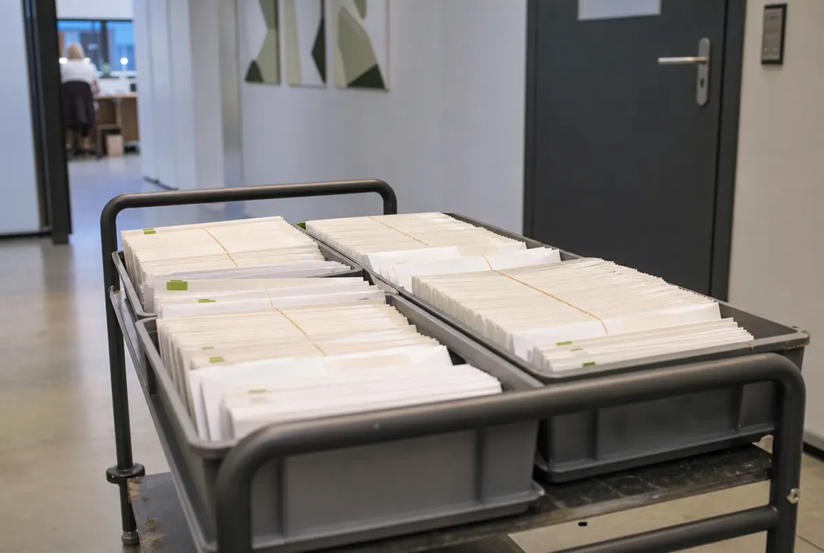 Un mailing prêt à poster : enveloppes triées dans des bacs postaux