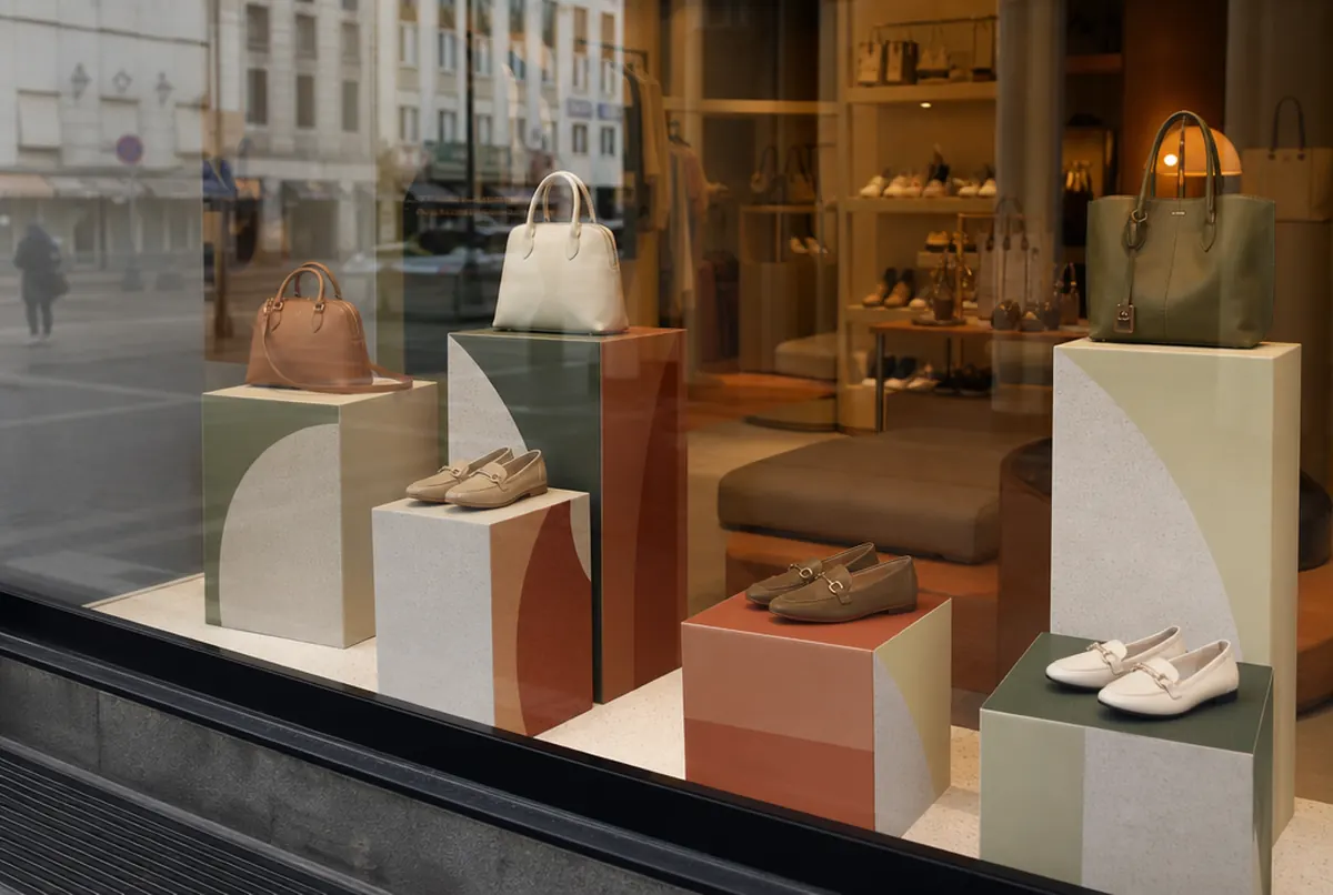 Cubos impresos usados como peanas para productos en el escaparate de una boutique