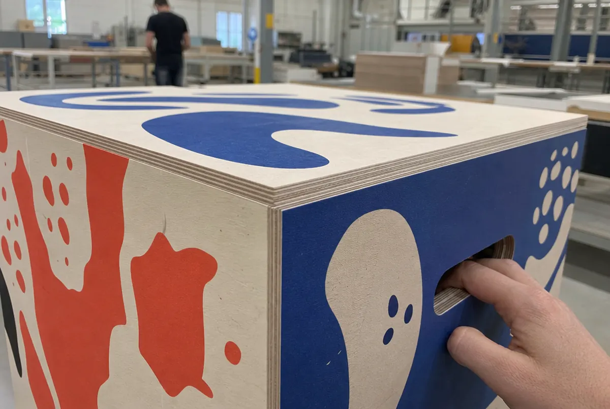 Primer plano de la esquina de un cubo de panel alveolar con motivos distintos y asa