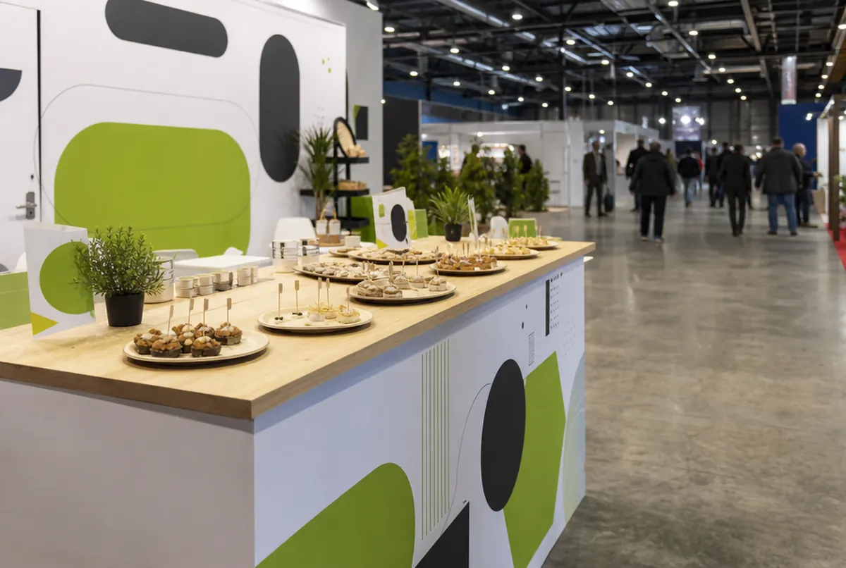 Mesa promocional impresa con tablero de contrachapado en una degustación en feria