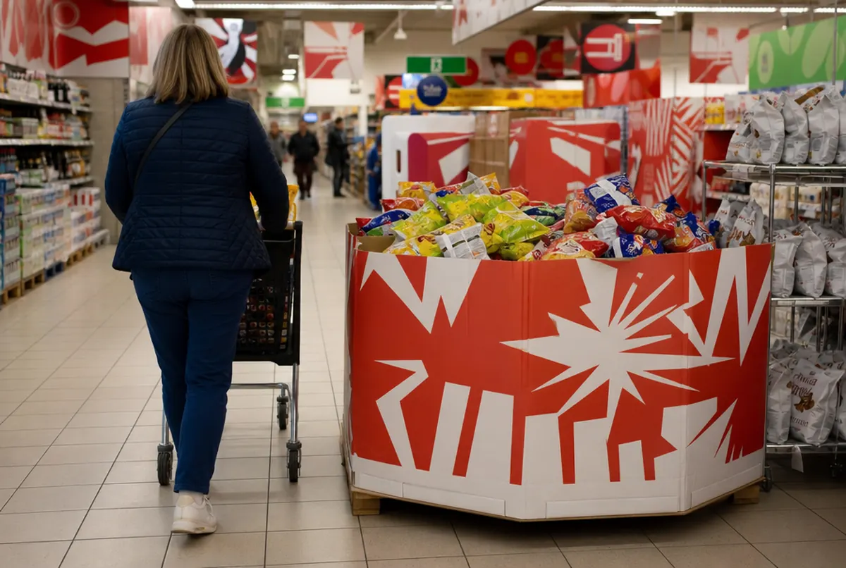 Cesta expositora octogonal de cartón impreso llena de snacks en un pasillo de promoción