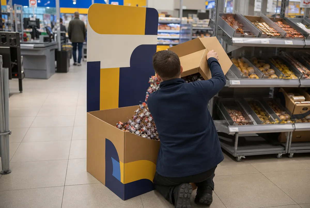 Un empleado monta una cesta con cabecera junto a las cajas, sin pegamento