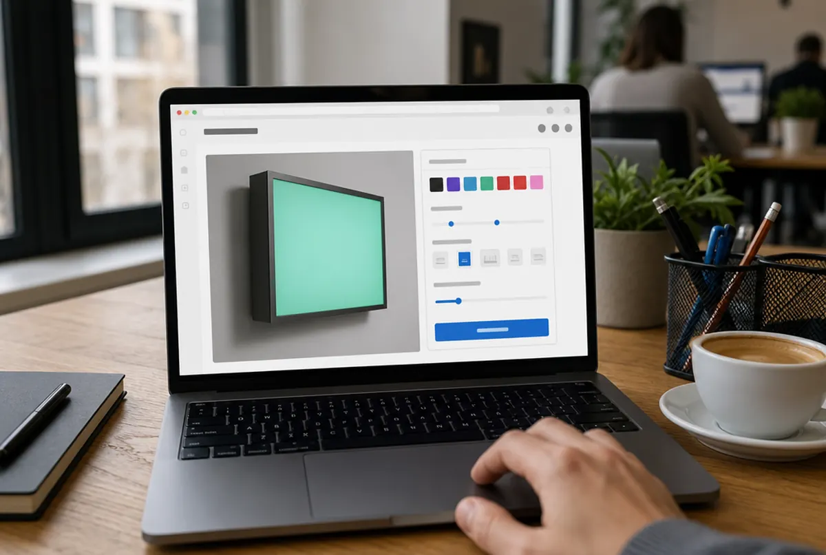 Laptop showing a light box configurator in the browser with preview and parameter sliders