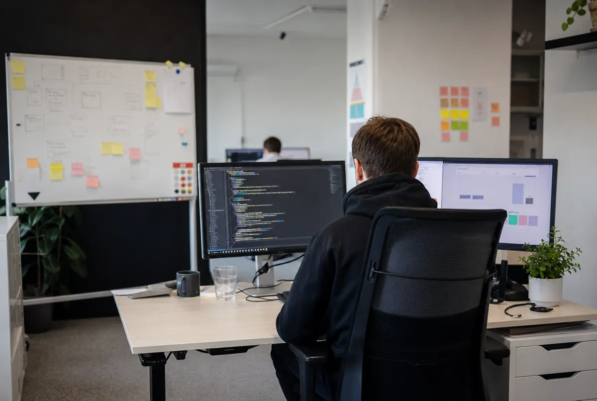 A developer at two monitors building a product configurator, diagrams on the whiteboard