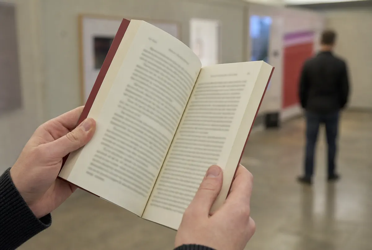 Gros plan d'un livre ouvert sur papier crème avec reliure collée et couverture mate