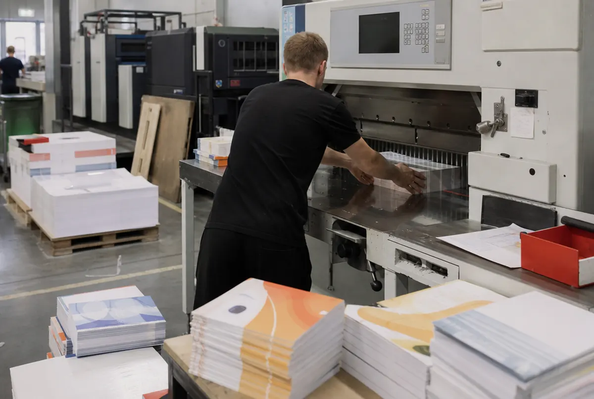 Massicotage des blocs de livres dans l'atelier de façonnage d'une imprimerie numérique