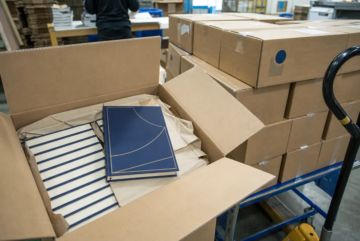 Exemplaires de livres emballés dans des cartons avant l'expédition