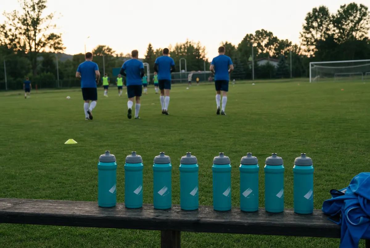 Printed sports bottles lined up on a bench beside a club training pitch