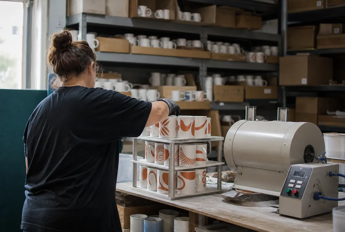 Worker placing printed ceramic mugs on a rack next to a mug press in the workshop