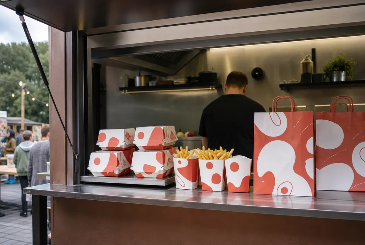 Bedruckte Take-away-Verpackungen: Burgerboxen und Pommes-Schalen am Foodtruck