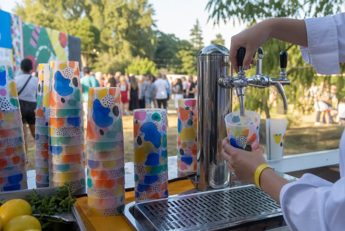 Bedruckte Mehrwegbecher am Getränkestand eines Open-Air-Festivals