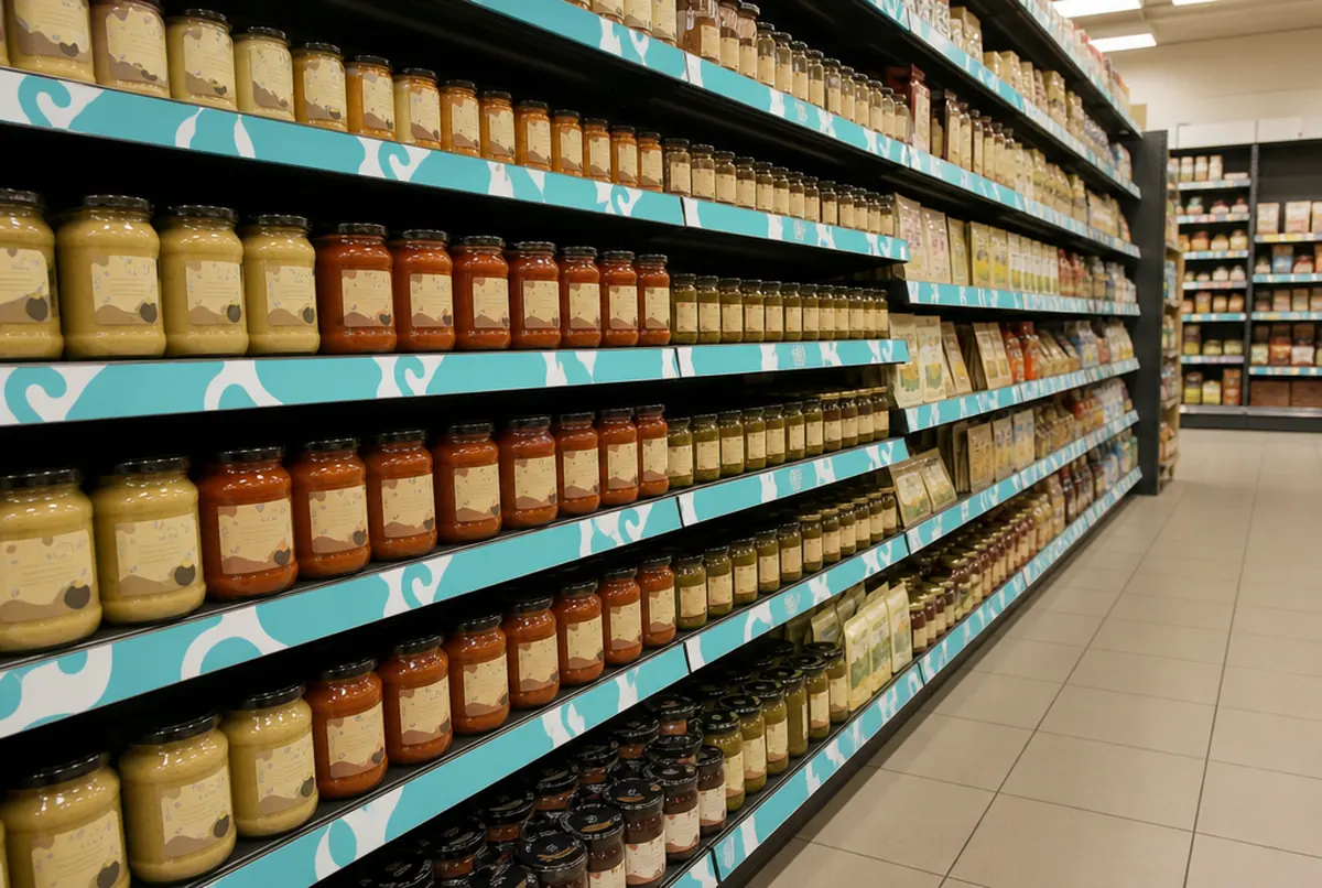 Printed shelf-edge strips with turquoise waves on a supermarket aisle shelf