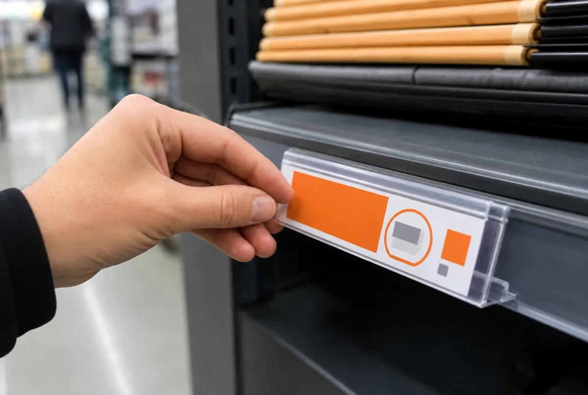 Close-up: a printed strip slid into the price channel on the shelf edge