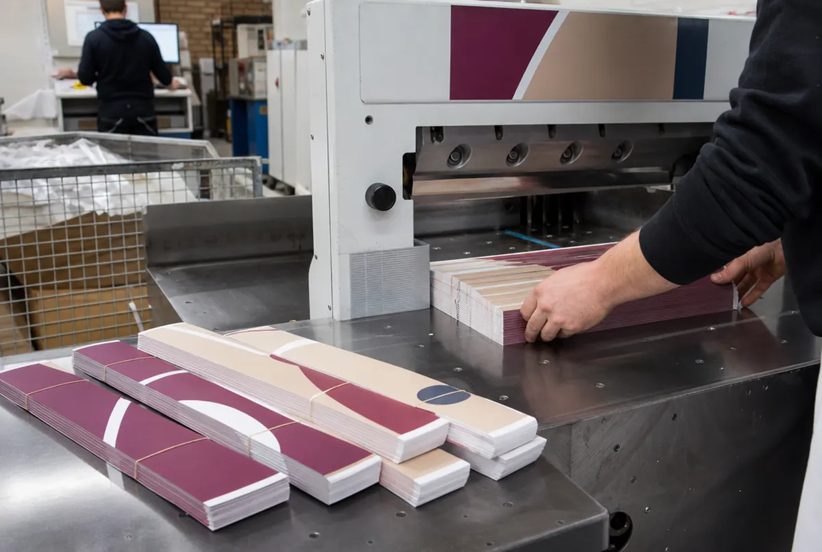 Trimming HIPS shelf strips to size on a guillotine in the print shop