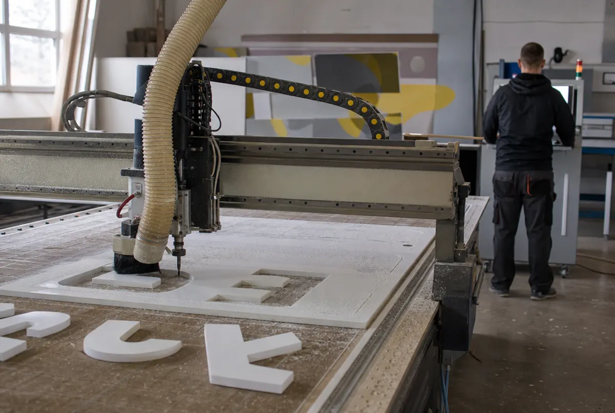Una fresadora CNC corta formas de letras en una placa de PVC