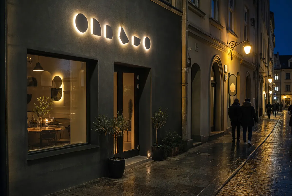 Beleuchtete LED-Buchstaben in warmem Weiß über einem Restauranteingang bei Nacht
