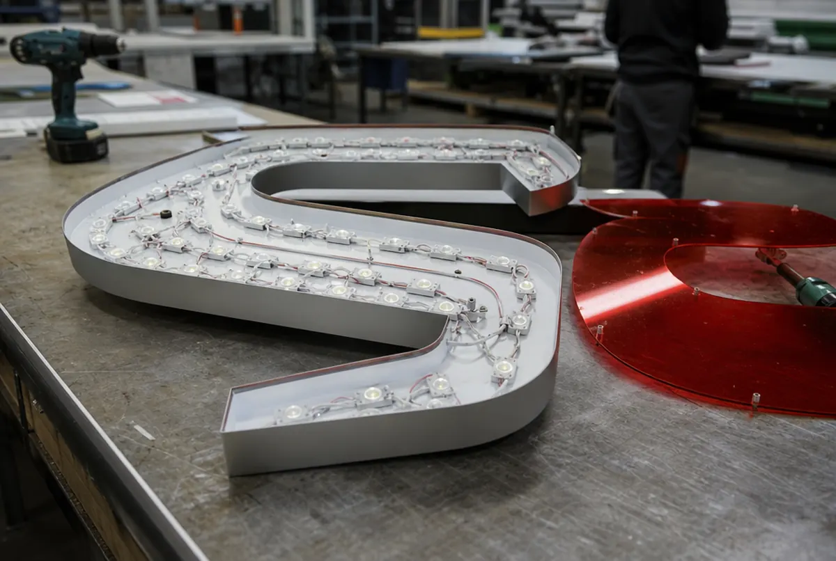 Innenleben eines Leuchtbuchstabens: Alukorpus, LED-Module und rote Acrylfront