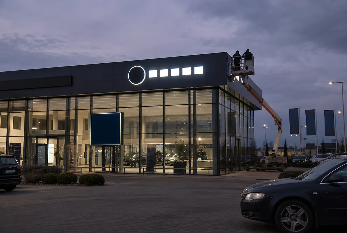 Große Leuchtbuchstaben auf der Attika eines Autohauses in der Dämmerung