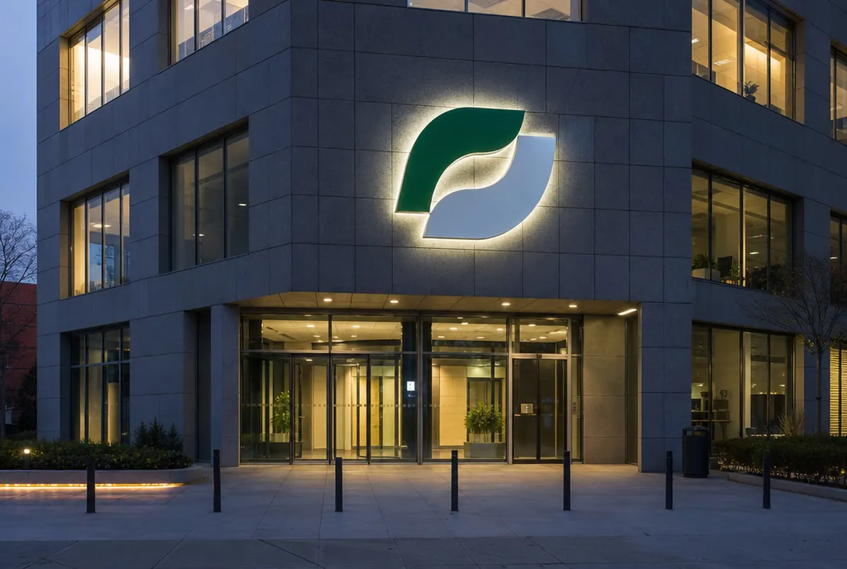 Beleuchtetes 3D-LED-Emblem in Blattform über dem Eingang eines Bürogebäudes in der Dämmerung